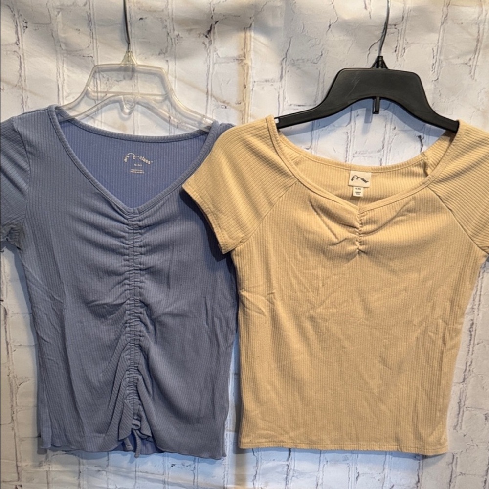 Ruched V-Neck Tops - Blue and Tan Bundle